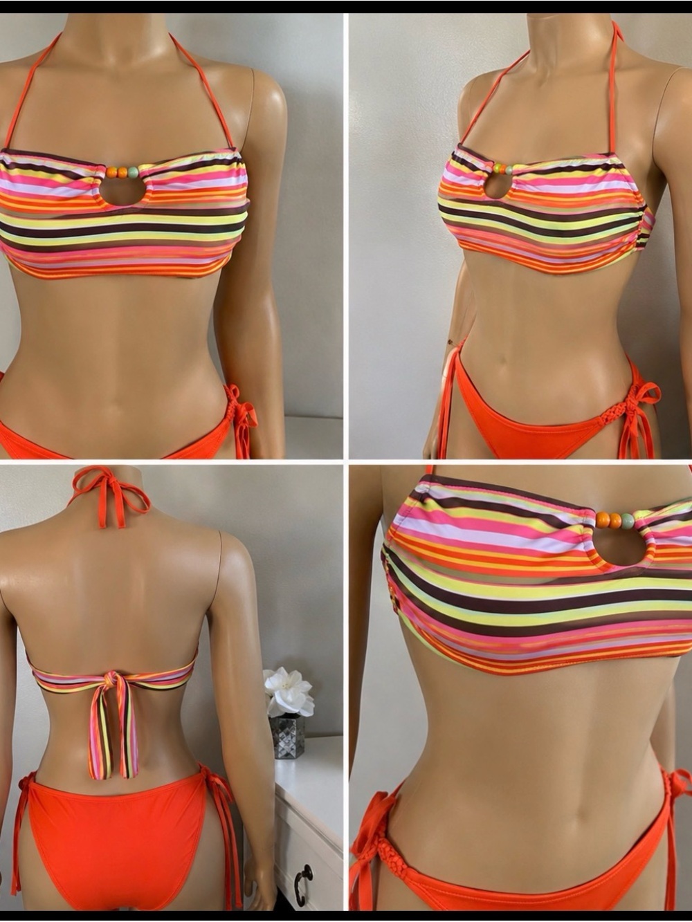 Striped Orange Halter Bikini Set with Bead Detail - Women Swim